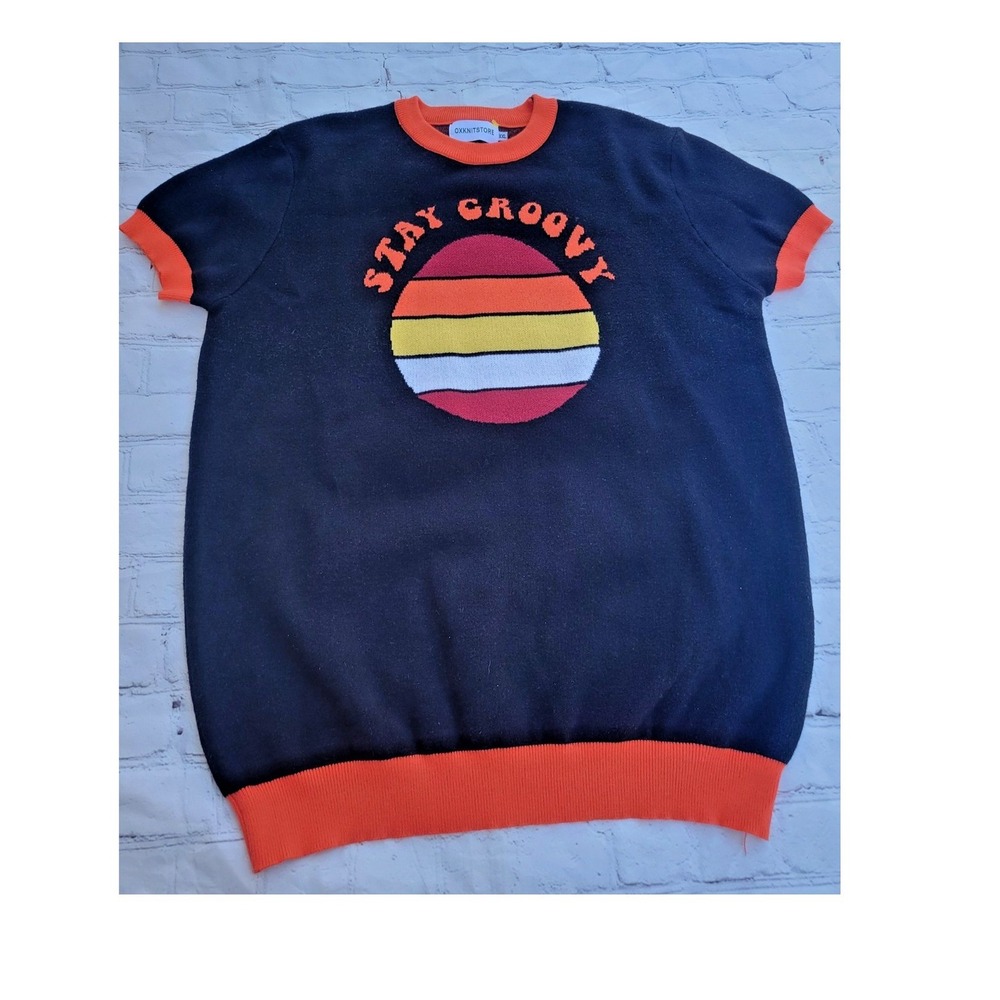 OXKNITSTORE Stay Groovy Retro Sun Knit Short Sleeve‎ Sweater Black Orange XXL